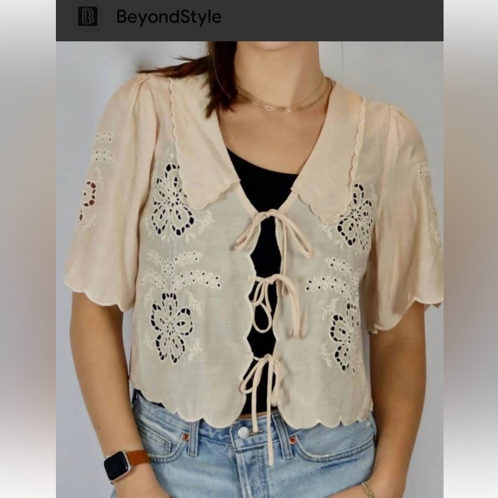 Scalloped Tie-Front Eyelet Blouse in Light Cream Anthropology
